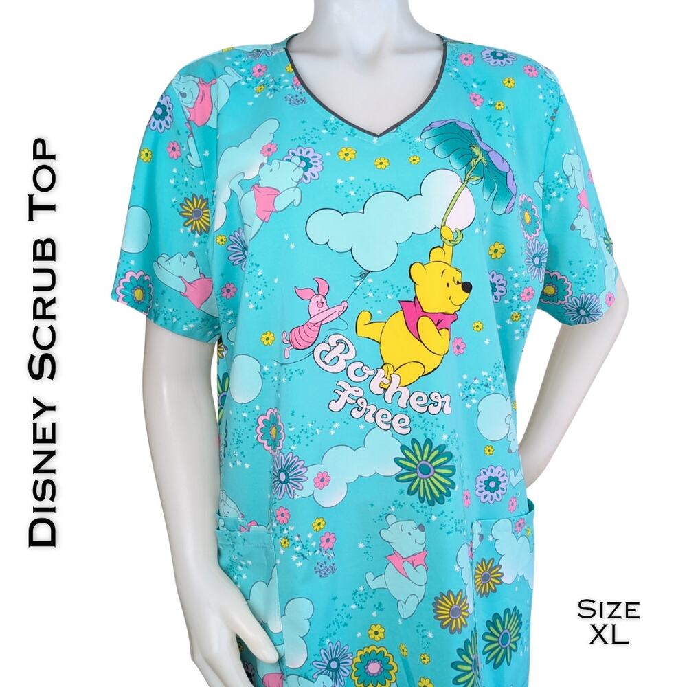 Disney Winnie The Pooh Scrub Top Womens XL Blue Pink Floral V Neck Nurse Medical